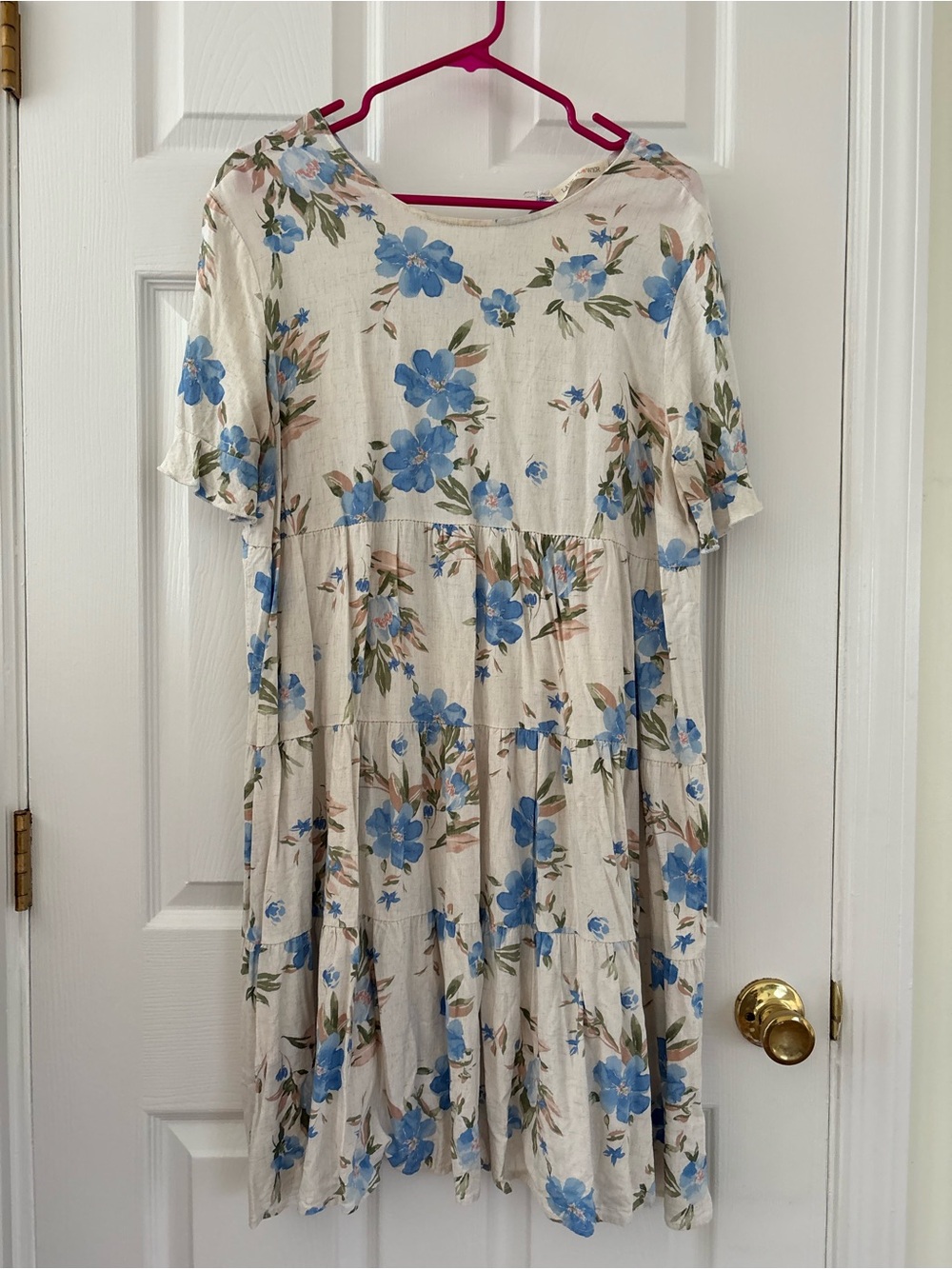 Lake Flower Blue Floral Tiered Babydoll Dress Ruffle Sleeve Cream Size M